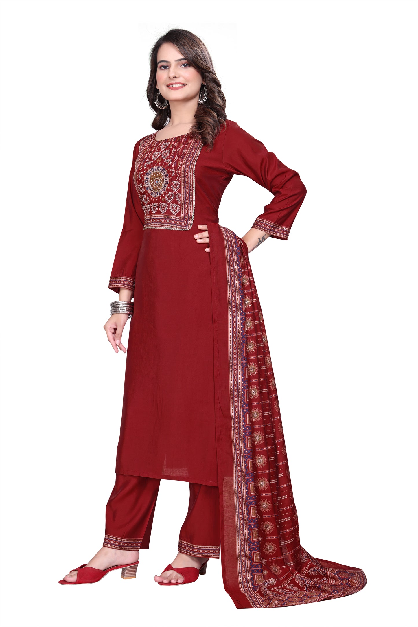 Designer 3 Piece Printed Salwar Suit Set – Deep Wine Red Tone Kurta, Pant & Dupatta