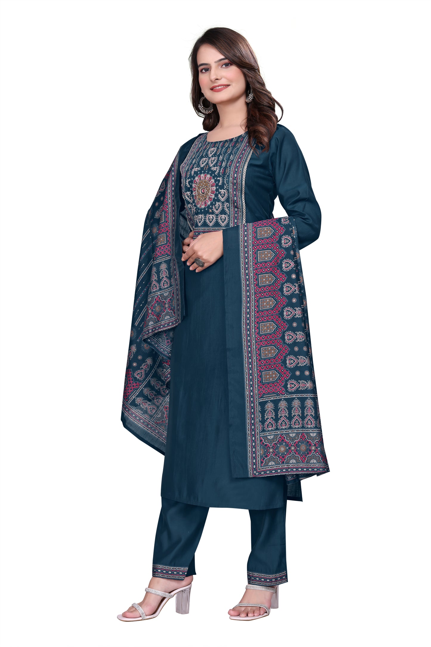 Designer 3 Piece Printed  Salwar Suit Set – Teal Blue Kurta, Pant & Dupatta