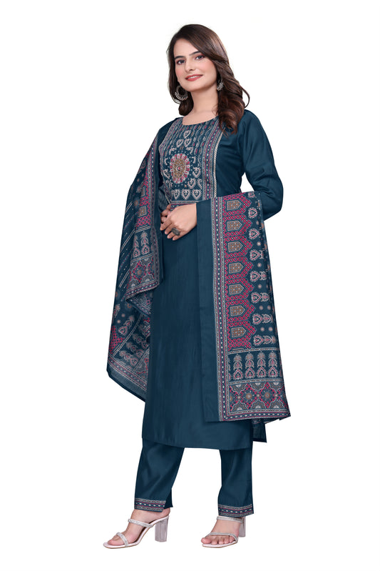 Designer 3 Piece Printed  Salwar Suit Set – Teal Blue Kurta, Pant & Dupatta