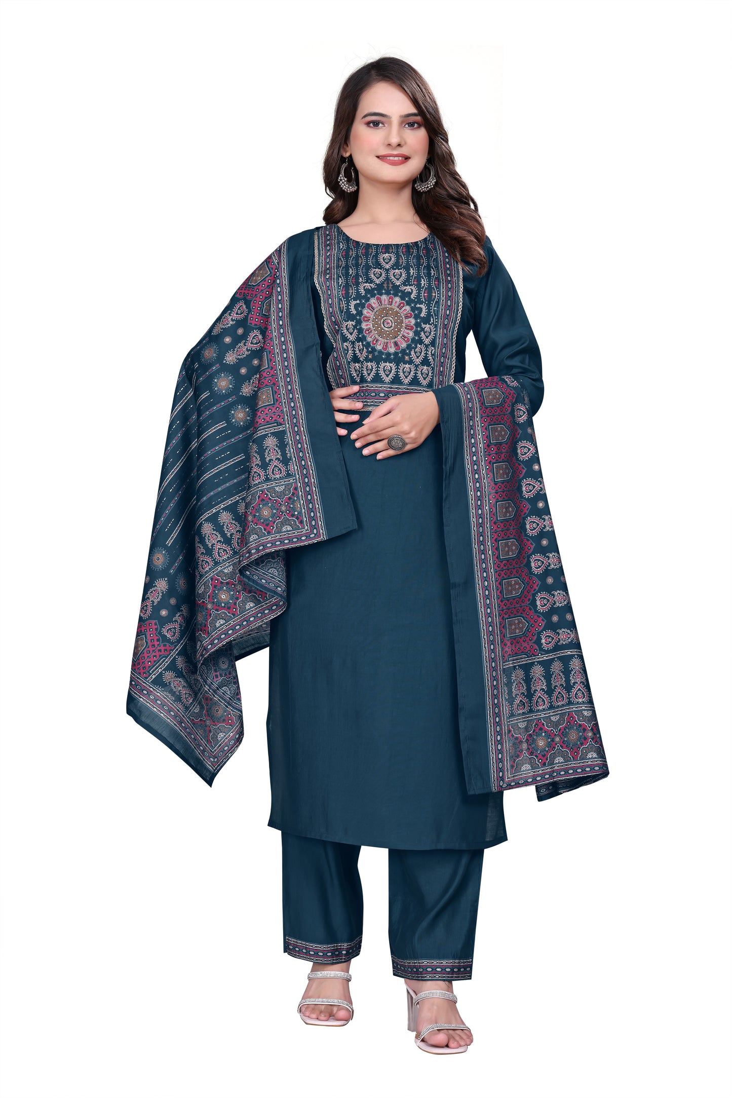 Designer 3 Piece Printed  Salwar Suit Set – Teal Blue Kurta, Pant & Dupatta