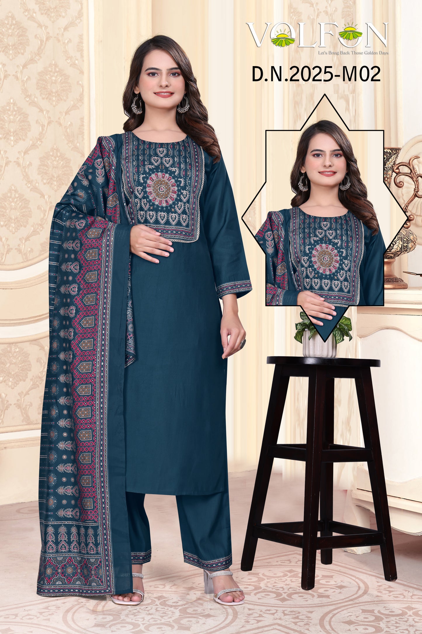 Designer 3 Piece Printed  Salwar Suit Set – Teal Blue Kurta, Pant & Dupatta