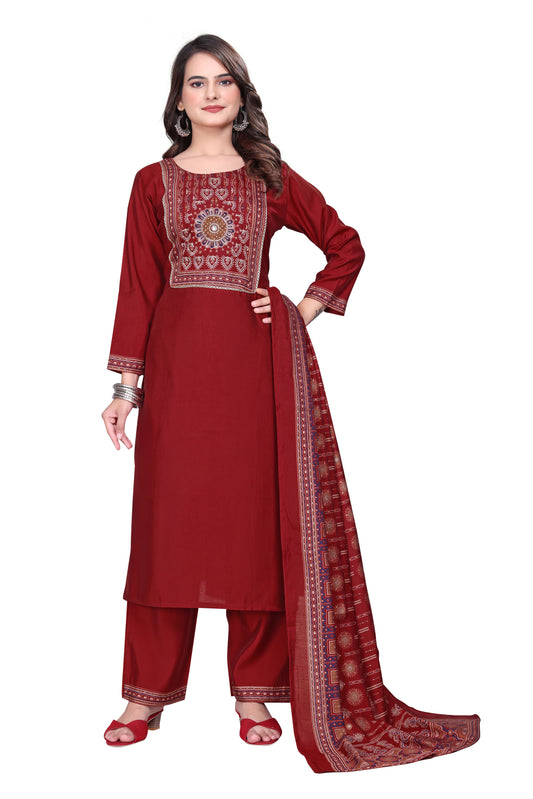 Designer 3 Piece Printed   Salwar Suit Set – Deep Wine Red Tone Kurta, Pant & Dupatta