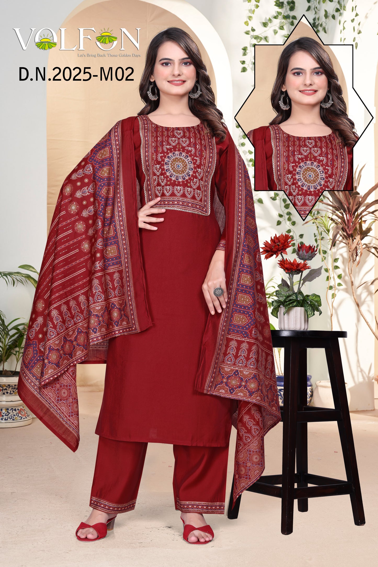 Designer 3 Piece Printed   Salwar Suit Set – Deep Wine Red Tone Kurta, Pant & Dupatta