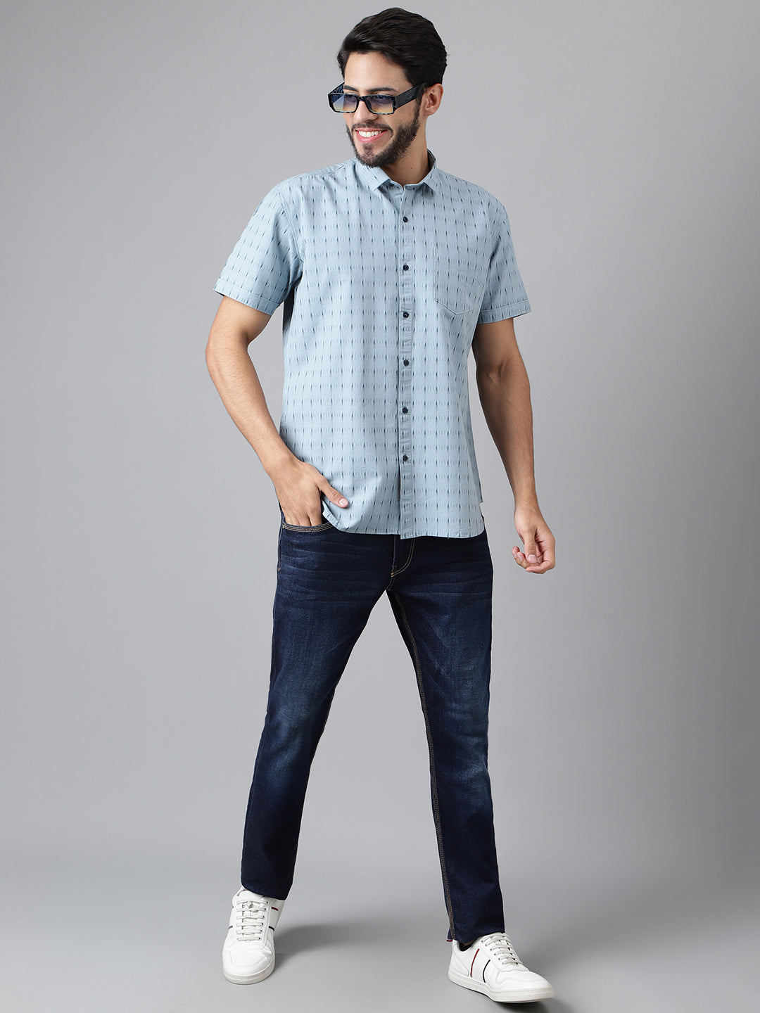 SKY BLUE SMALL & LONG LINING COTTON PRINTED HALF SLEEVE SHIRT