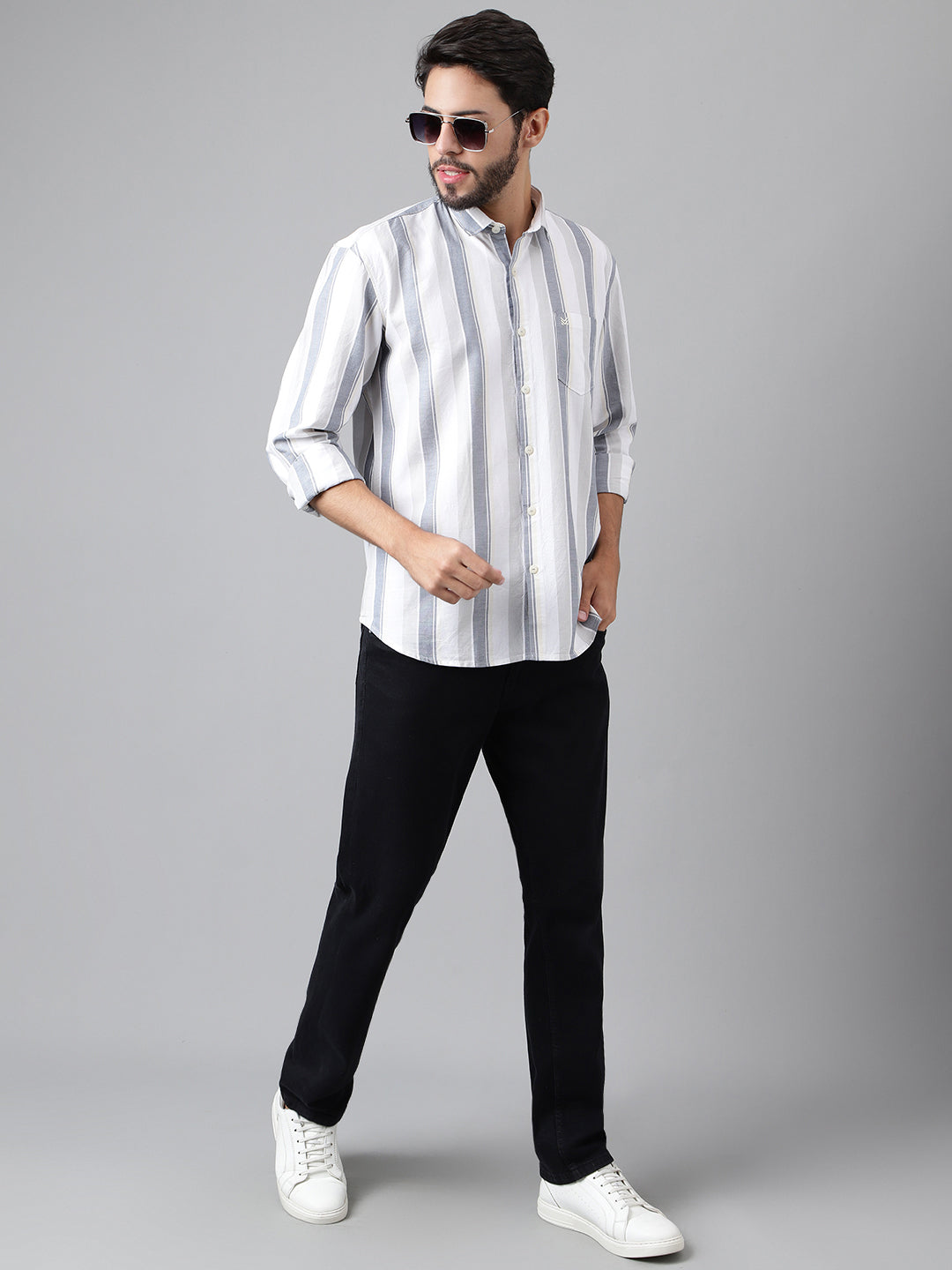 WHITE WITH BLACK BROAD STRIPE OXFORD COTTON SHIRT