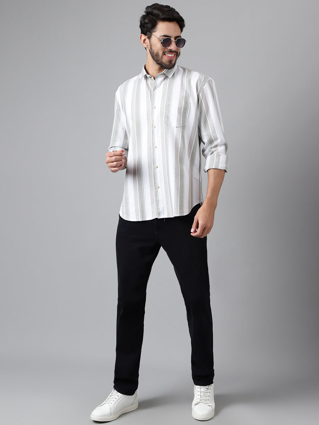 WHITE WITH GREY BROAD STRIPE OXFORD COTTON SHIRT