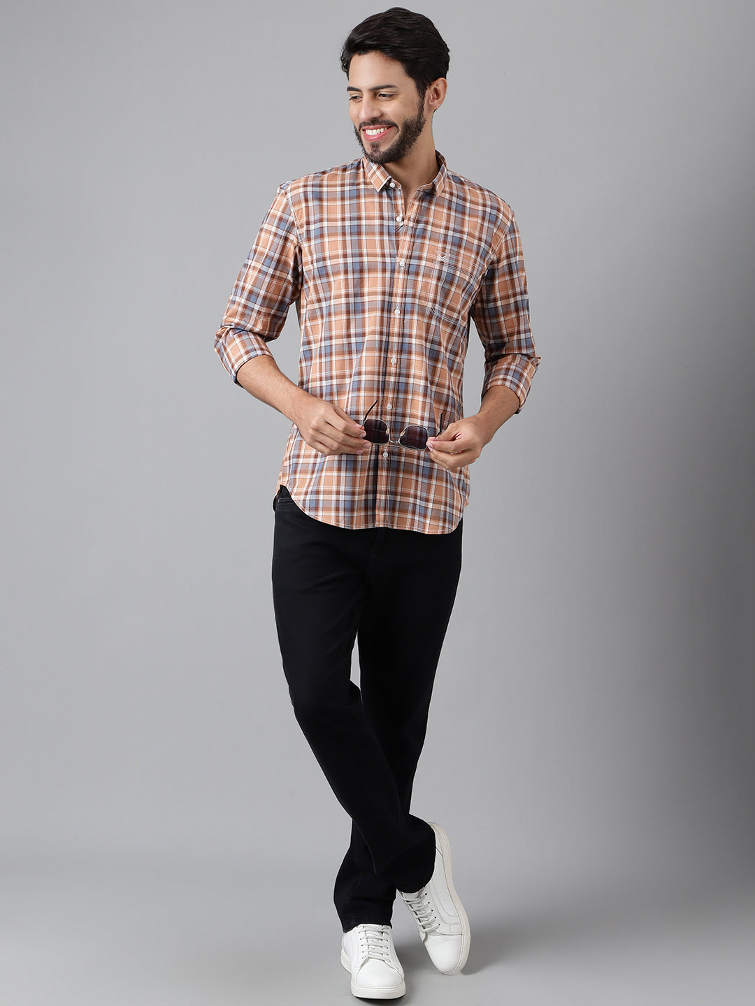 BROWN WITH ORANGE POPLIN CHECKS PREMIUM COTTON SHIRT