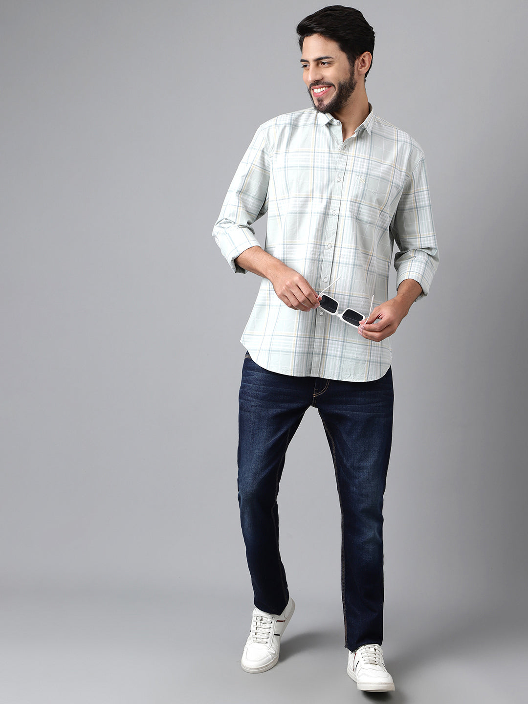 LIGHT GREY WITH MULTICOLORED POPLIN CHECKS PREMIUM COTTON SHIRT