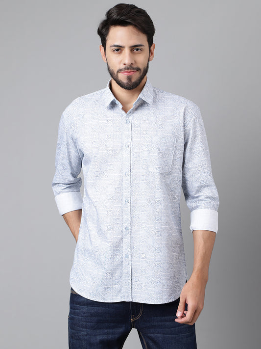 LIGHT BLUE GRAPHICAL PRINT COTTON LINEN SHIRT