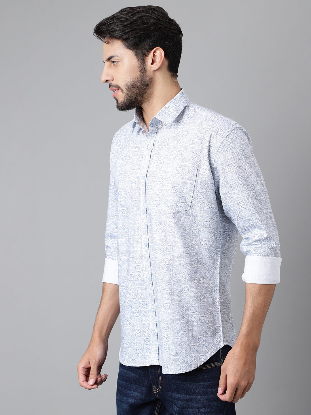 LIGHT BLUE GRAPHICAL PRINT COTTON LINEN SHIRT