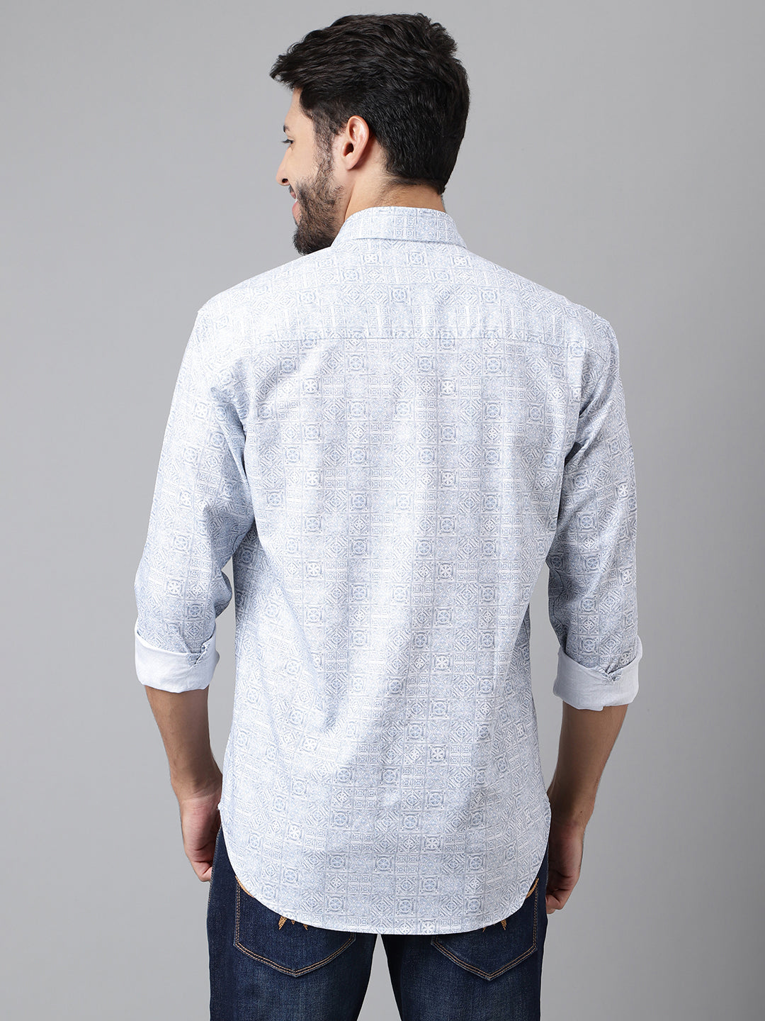 LIGHT BLUE GRAPHICAL PRINT COTTON LINEN SHIRT