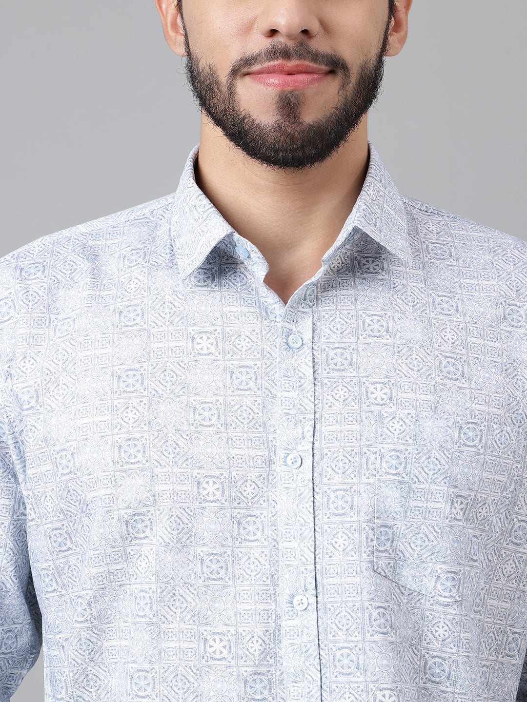 LIGHT BLUE GRAPHICAL PRINT COTTON LINEN SHIRT