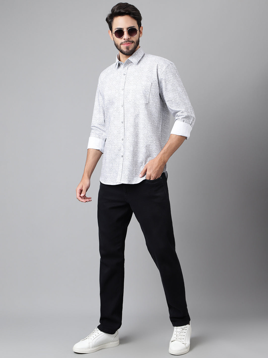 WHITE WITH BLACK GRAPHICAL PRINT COTTON LINEN SHIRT