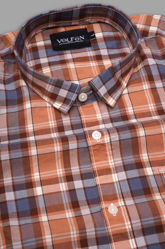 BROWN WITH ORANGE POPLIN CHECKS PREMIUM COTTON SHIRT