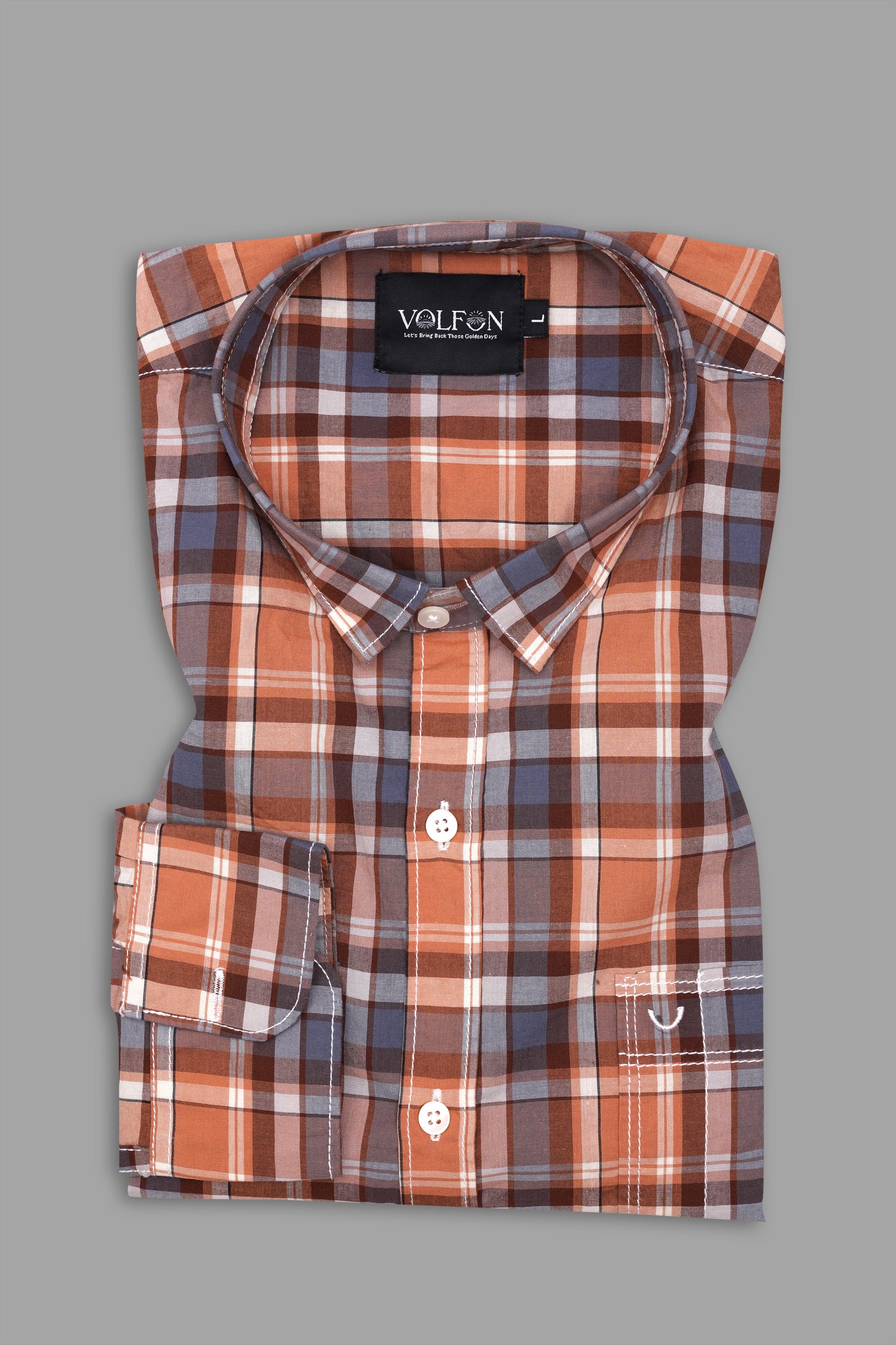 BROWN WITH ORANGE POPLIN CHECKS PREMIUM COTTON SHIRT