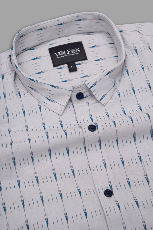 WHITE SMALL & LONG LINING COTTON PRINTED HALF SLEEVE SHIRT